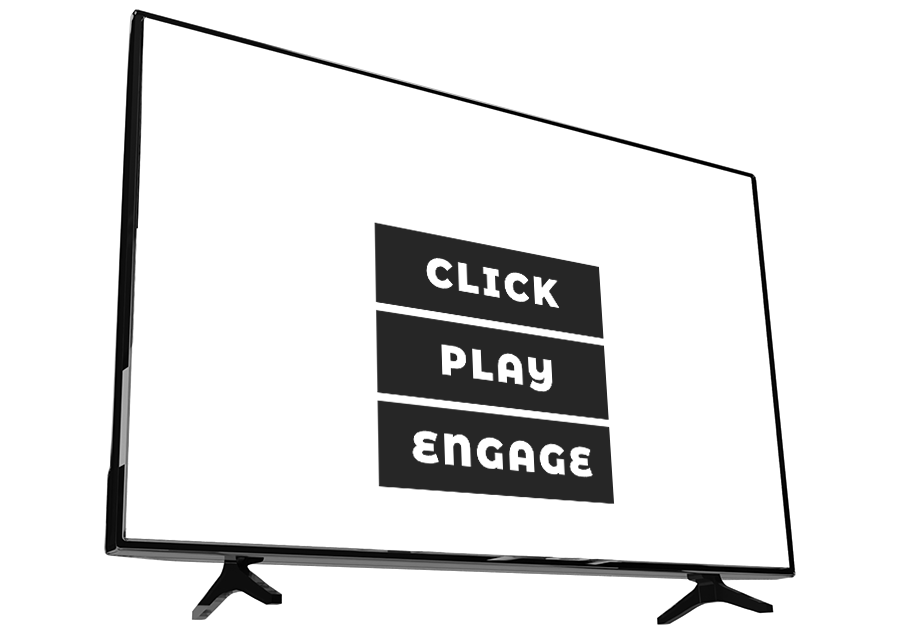 VFD simple video screen with the words click play engage placed in the lower third part of the screen