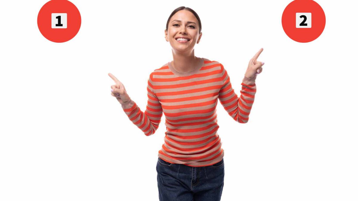 woman showing two options on an interactive video
