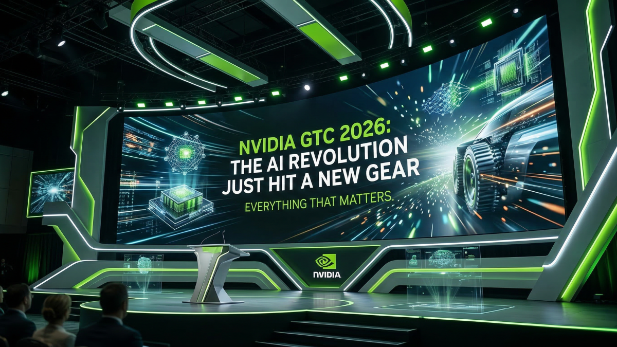 3D representative image of NVidia's GTC 2026 conference stage with a large title to highlight our insights title