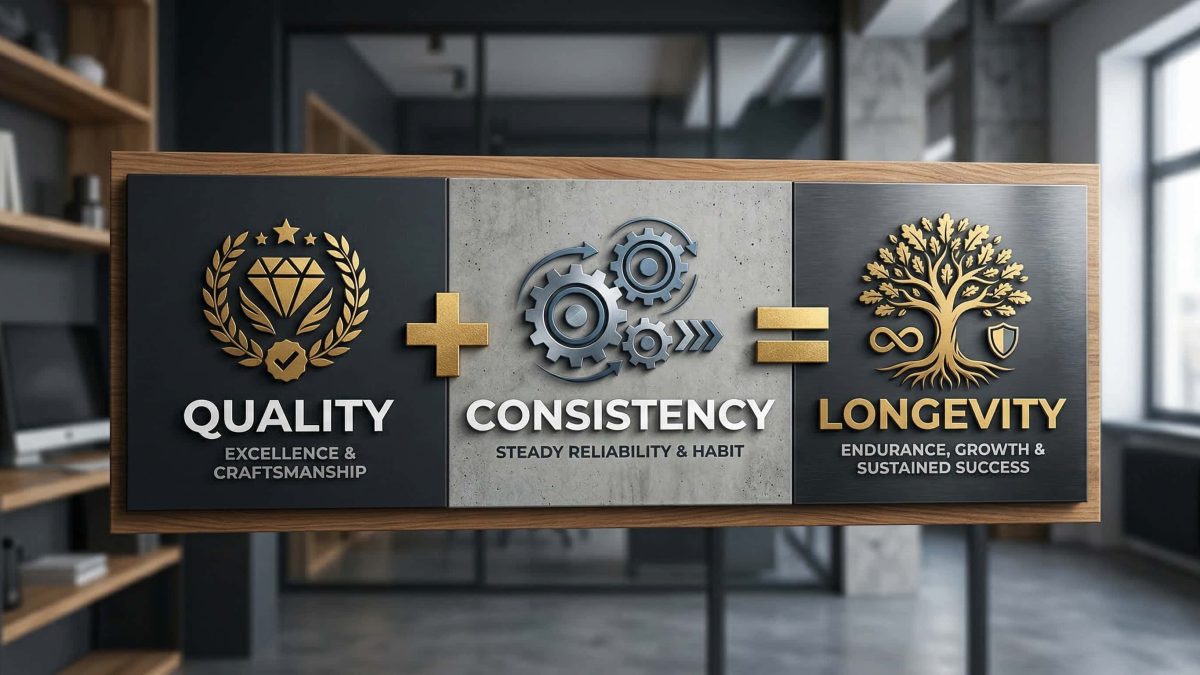 a room with a unique sign that highlights quality and Consistency equalling Longevity